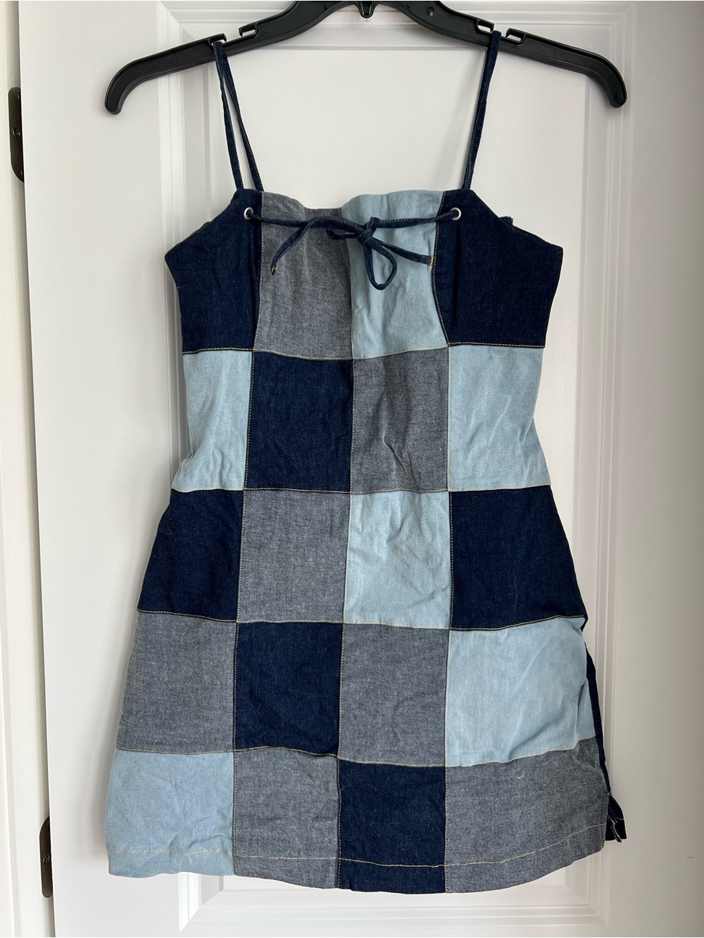 Vintage Patchwork Denim Mini Dress in Light Blue and Dark Blue